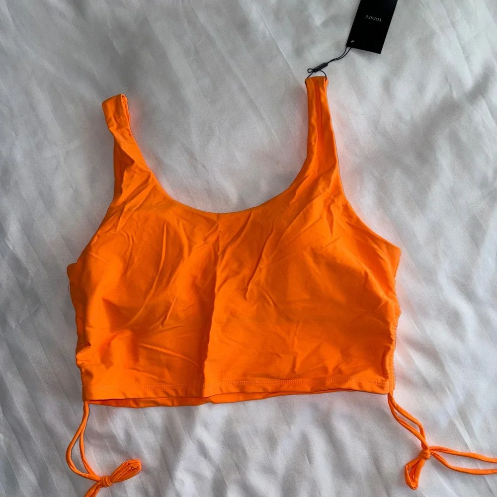Yoesee Bright Orange Bikini‎ Top with Drawstring Sides Sleeveless Activewear XXL